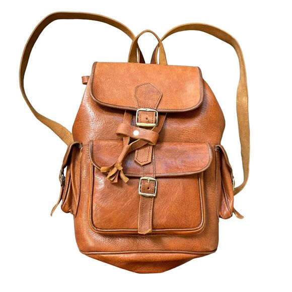 Vintage Tan Leather Drawstring Backpack Rucksack Rugged Bag Brown main image 8
